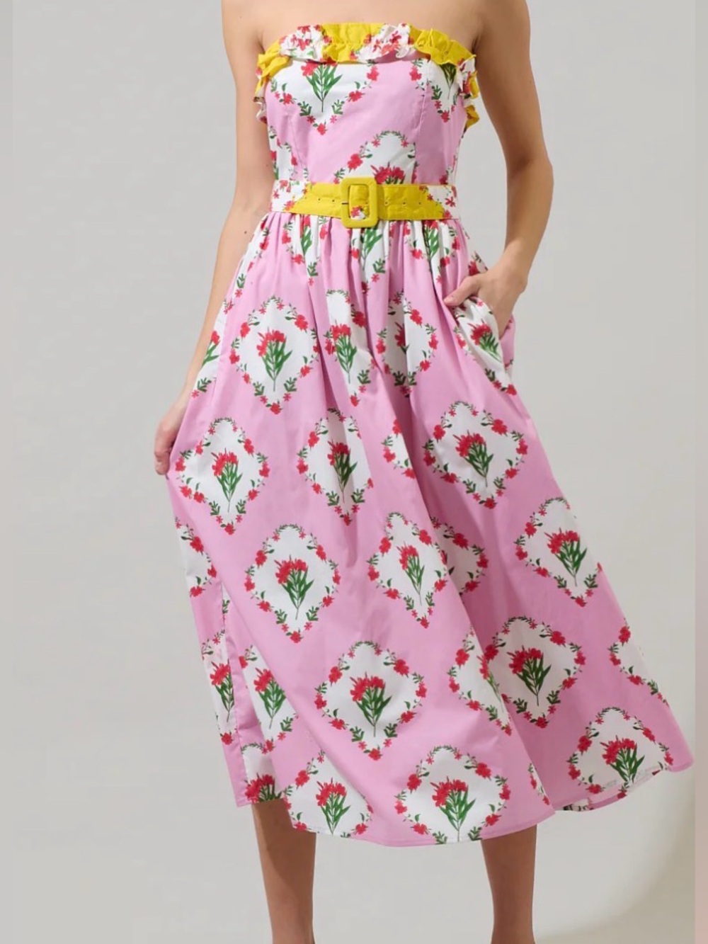 SugarLips Maia Floral Strapless Ruffle Midi Dress Sz XL Square neck Ruffles - Picture 2 of 15